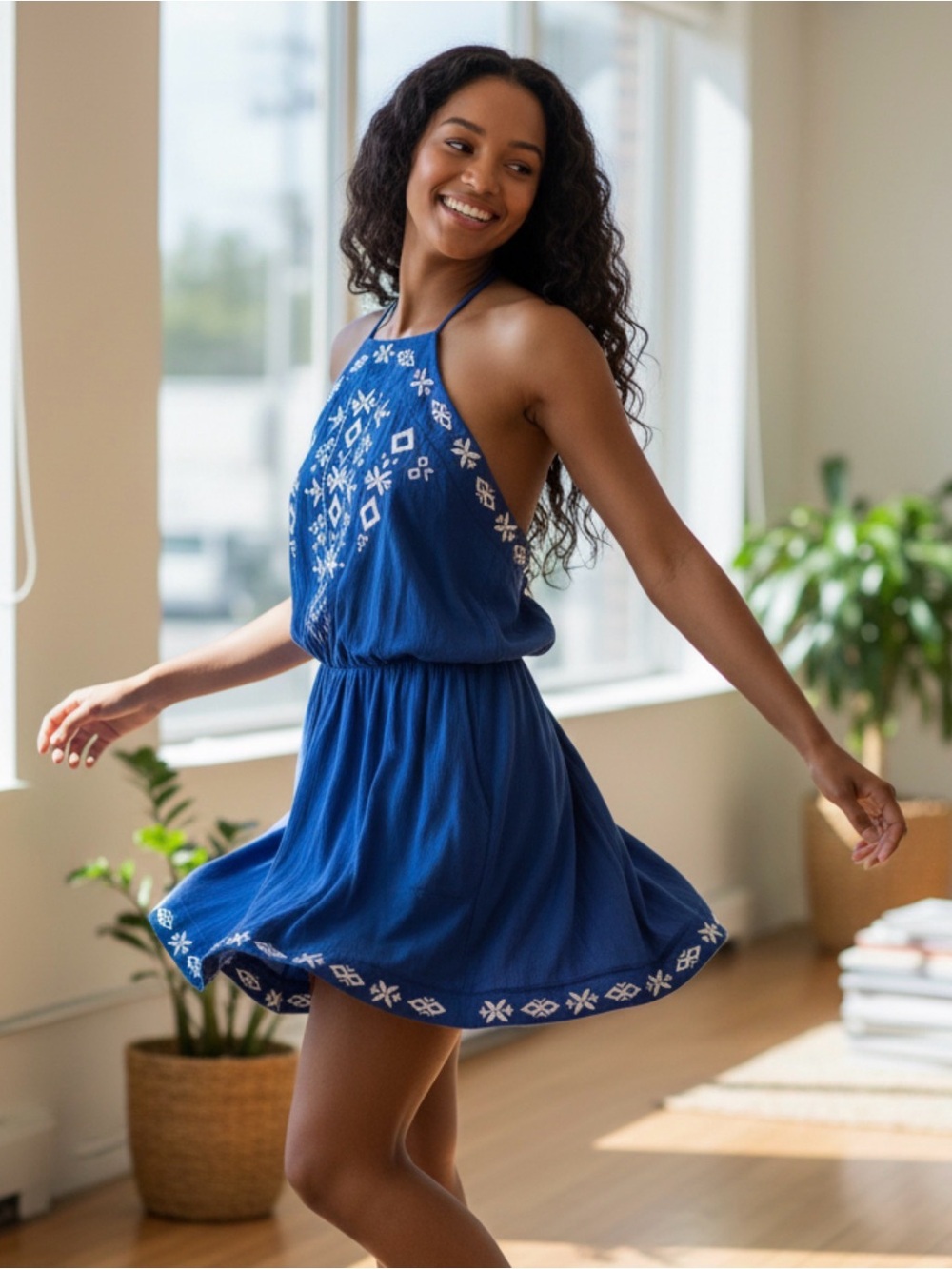 Royal Blue Halter Romper with White Embroidery
